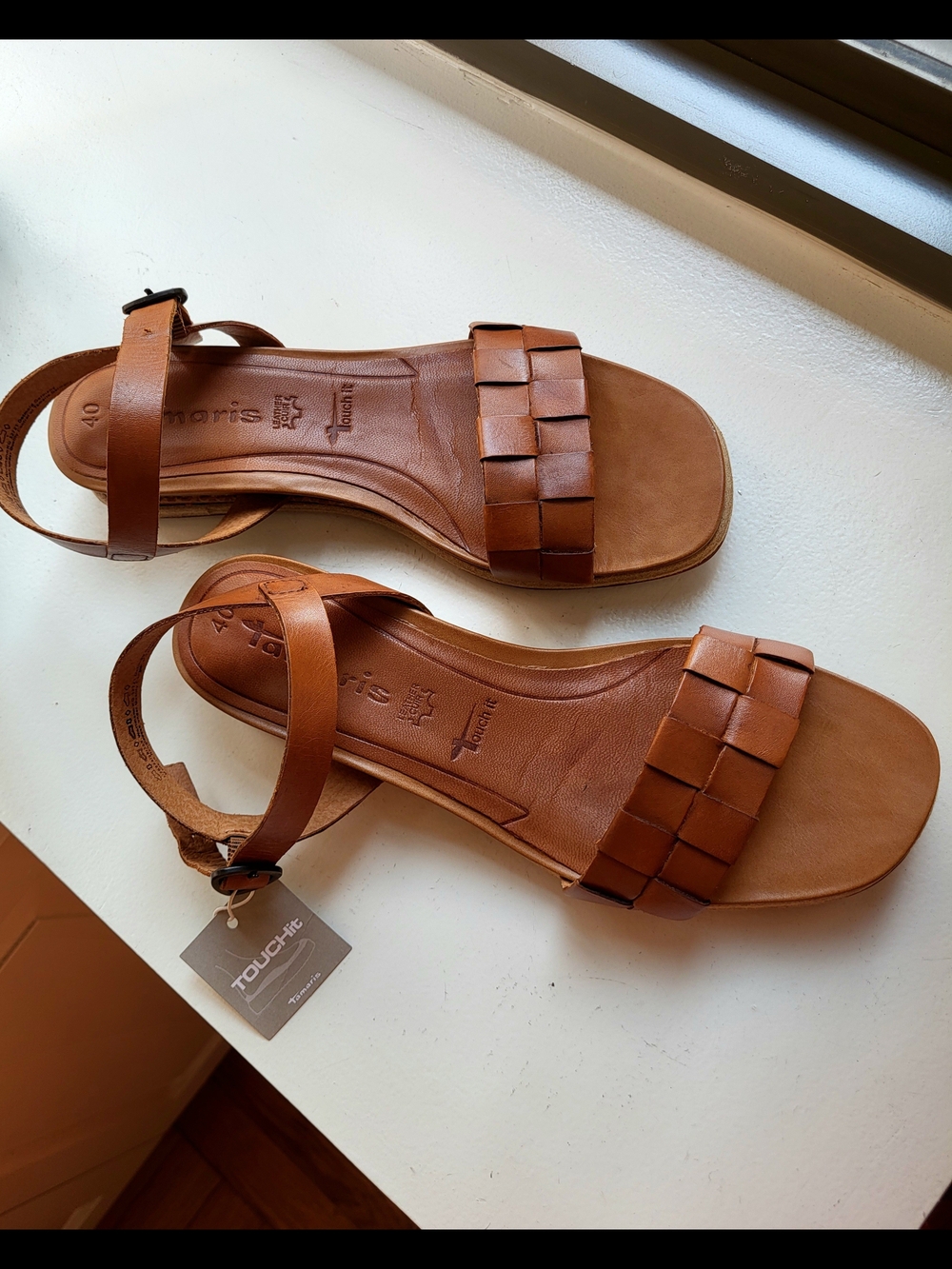 Tamaris Women’s Tan Woven Leather Ankle-Strap Sandals